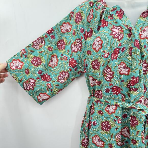 Maisie Tie Waist Midi Dress in Ethnic Floral Sz L Green Pink Boho Beachy Cotton - Picture 7 of 16